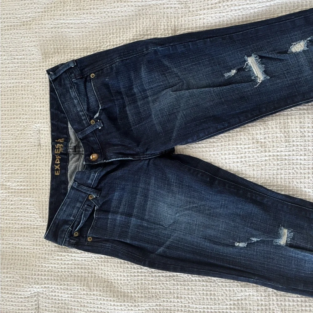 Express Dark Blue Distressed Skinny Jeans - Picture 2 of 9